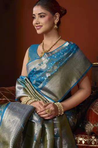 firozi soft silk blend woven jacquard designer graceful ethnic saree