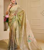 cream cotton blend zari weaving floral digital print festive saree with unstitched blouse piece