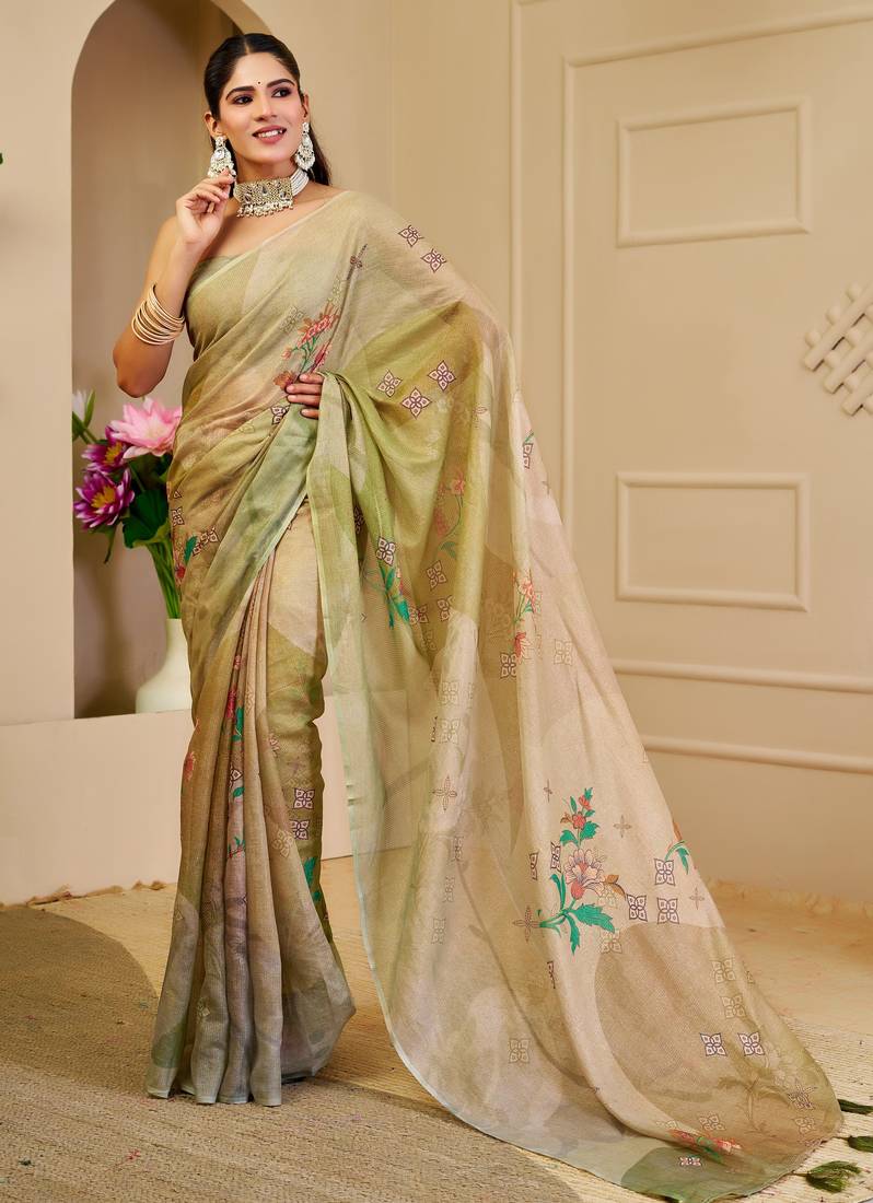 cream cotton blend zari weaving floral digital print festive saree with unstitched blouse piece