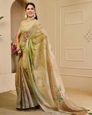 cream cotton blend zari weaving floral digital print festive saree with unstitched blouse piece 2