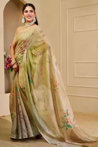 cream cotton blend zari weaving floral digital print festive saree with unstitched blouse piece