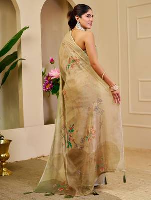 cream cotton blend zari weaving floral digital print festive saree with unstitched blouse piece 3