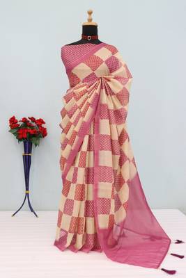 cream pink cotton blend zari weaving floral digital print festive saree with unstitched blouse piece 1