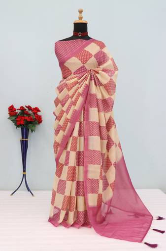 cream pink cotton blend zari weaving floral digital print festive saree with unstitched blouse piece