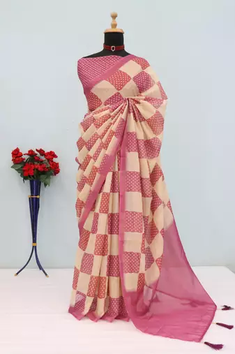 cream pink cotton blend zari weaving floral digital print festive saree with unstitched blouse piece