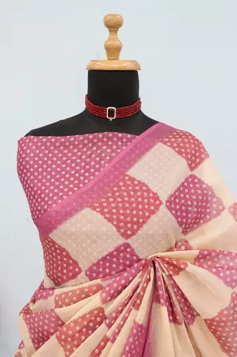 cream pink cotton blend zari weaving floral digital print festive saree with unstitched blouse piece