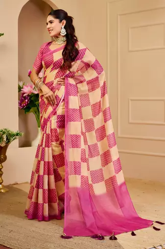cream pink cotton blend zari weaving floral digital print festive saree with unstitched blouse piece