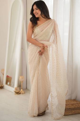 white smart moss butti designer classy ceremonial saree