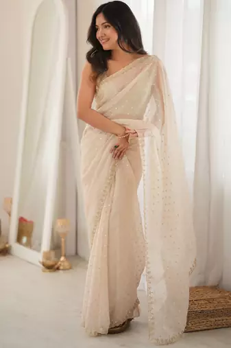 white smart moss butti designer classy ceremonial saree
