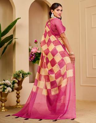 cream pink cotton blend zari weaving floral digital print festive saree with unstitched blouse piece 3