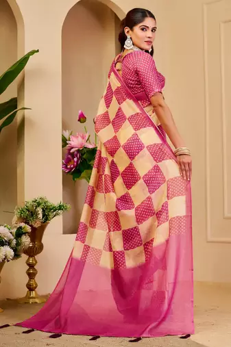 cream pink cotton blend zari weaving floral digital print festive saree with unstitched blouse piece