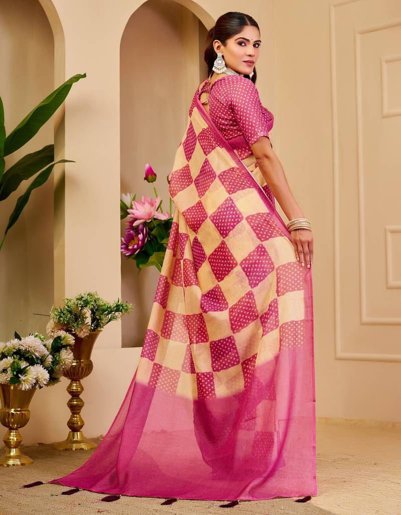 cream pink cotton blend zari weaving floral digital print festive saree with unstitched blouse piece