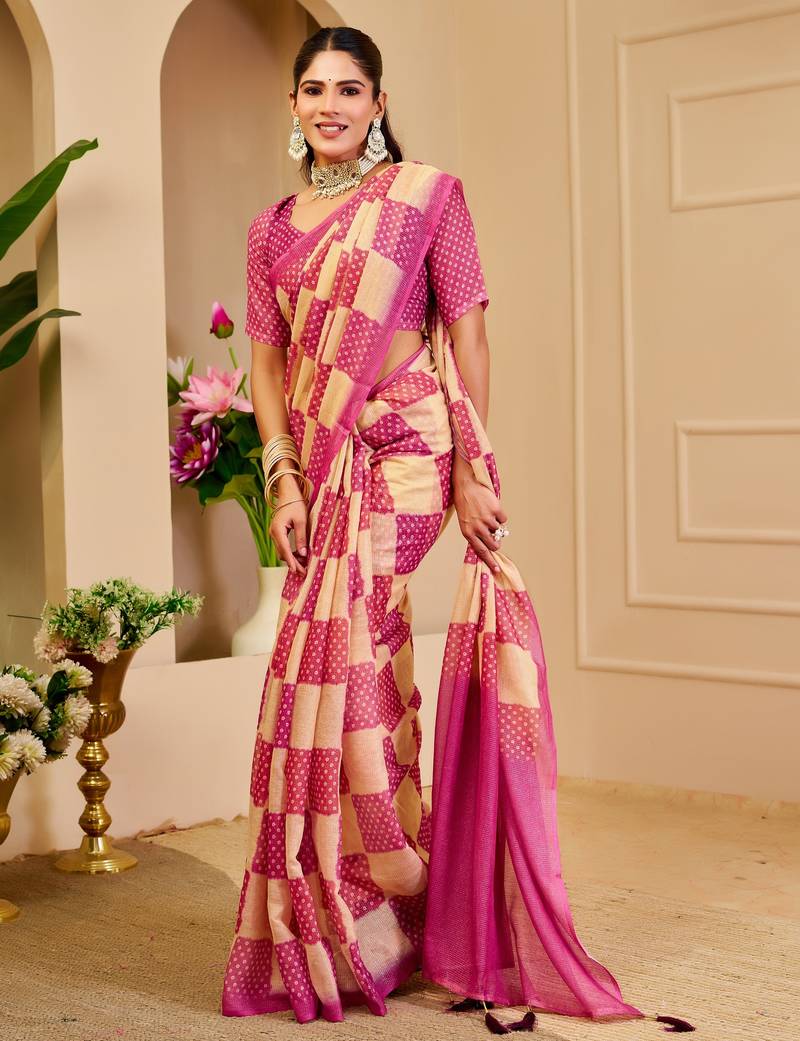 cream pink cotton blend zari weaving floral digital print festive saree with unstitched blouse piece