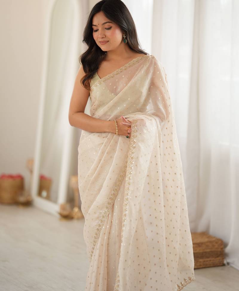 white smart moss butti designer classy ceremonial saree