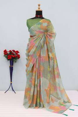 multicolor cotton blend zari weaving floral digital print festive saree with unstitched blouse piece 1