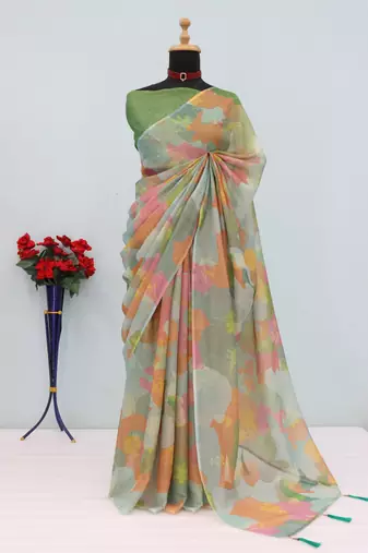 multicolor cotton blend zari weaving floral digital print festive saree with unstitched blouse piece