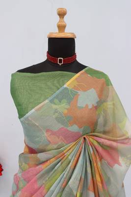 multicolor cotton blend zari weaving floral digital print festive saree with unstitched blouse piece 2