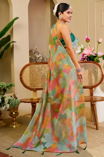 multicolor cotton blend zari weaving floral digital print festive saree with unstitched blouse piece