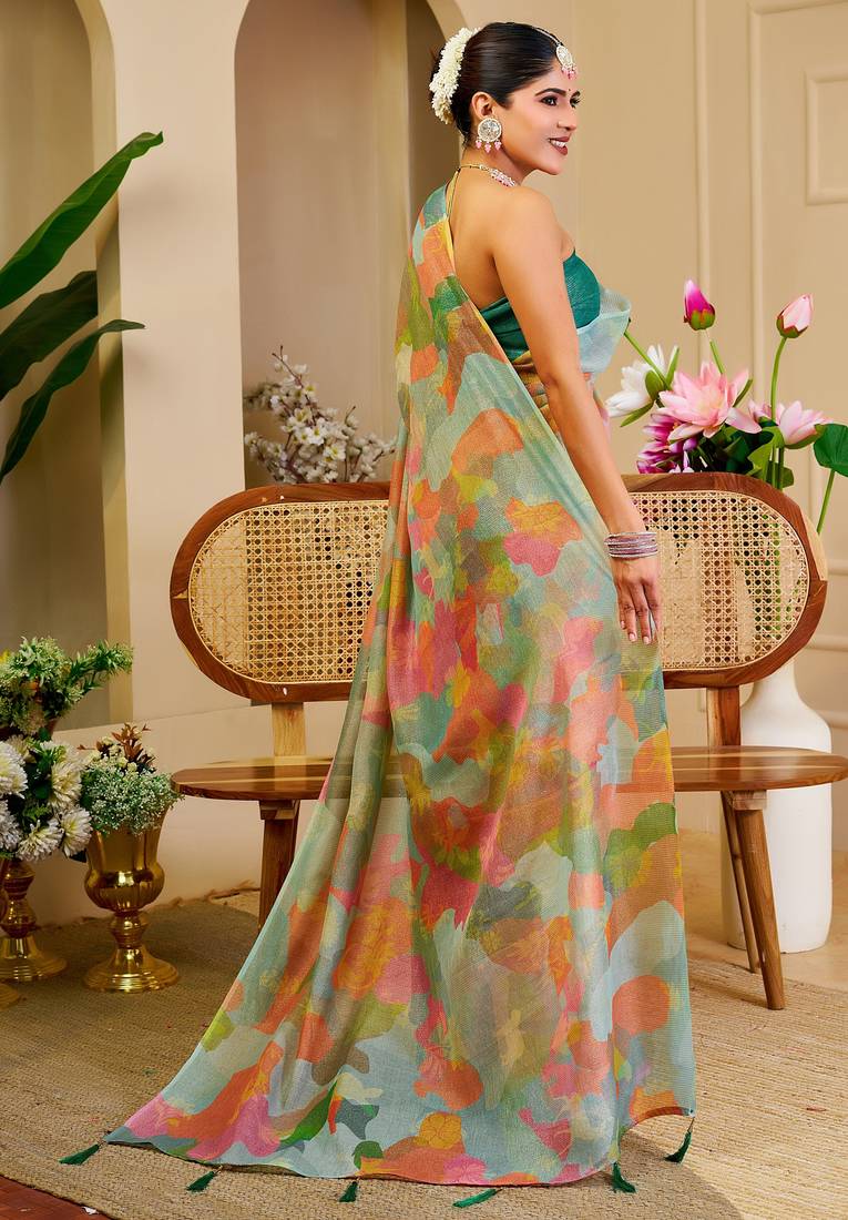 multicolor cotton blend zari weaving floral digital print festive saree with unstitched blouse piece