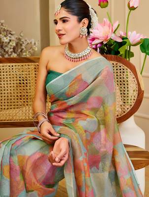 multicolor cotton blend zari weaving floral digital print festive saree with unstitched blouse piece 5