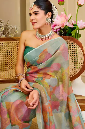 multicolor cotton blend zari weaving floral digital print festive saree with unstitched blouse piece