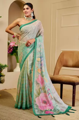 cream green cotton blend zari weaving floral digital print festive saree with unstitched blouse piece