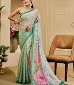 cream green cotton blend zari weaving floral digital print festive saree with unstitched blouse piece