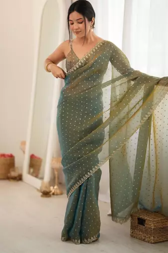 green smart moss butti designer classy ceremonial saree