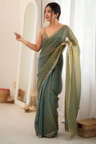 green smart moss butti designer classy ceremonial saree