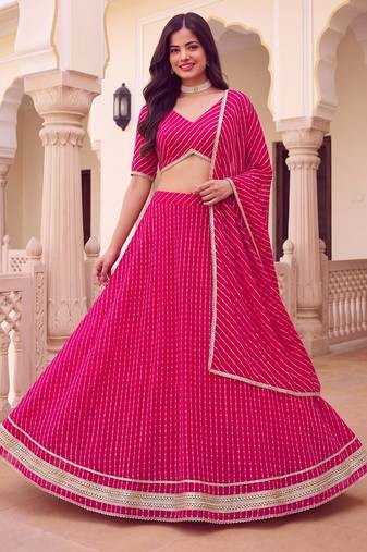 PINK SOFT GEORGETTE ZARI COARDING WORK LEHRIYA PRINT LEHENGA CHOLI - FREE SIZE