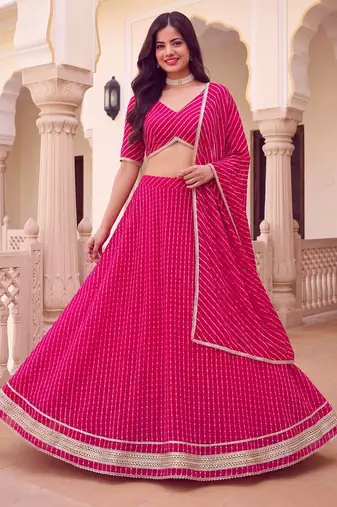 PINK SOFT GEORGETTE ZARI COARDING WORK LEHRIYA PRINT LEHENGA CHOLI - FREE SIZE