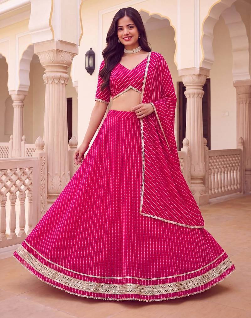 PINK SOFT GEORGETTE ZARI COARDING WORK LEHRIYA PRINT LEHENGA CHOLI - FREE SIZE