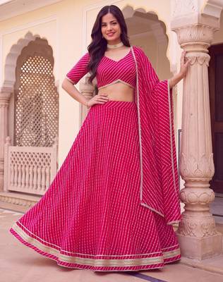 PINK SOFT GEORGETTE ZARI COARDING WORK LEHRIYA PRINT LEHENGA CHOLI - FREE SIZE 2