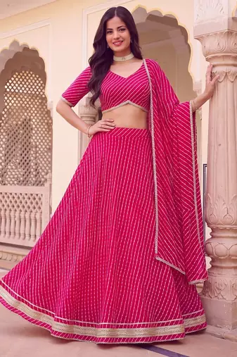 PINK SOFT GEORGETTE ZARI COARDING WORK LEHRIYA PRINT LEHENGA CHOLI - FREE SIZE