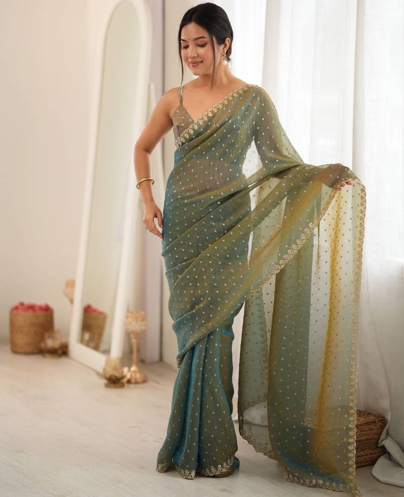 green smart moss butti designer classy ceremonial saree