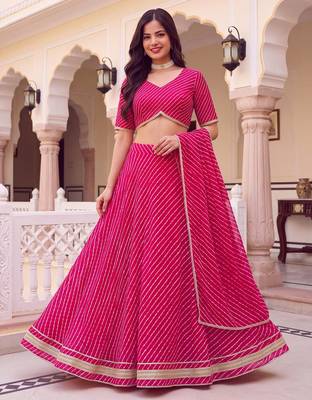 PINK SOFT GEORGETTE ZARI COARDING WORK LEHRIYA PRINT LEHENGA CHOLI - FREE SIZE 3