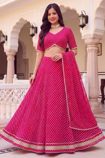 PINK SOFT GEORGETTE ZARI COARDING WORK LEHRIYA PRINT LEHENGA CHOLI - FREE SIZE