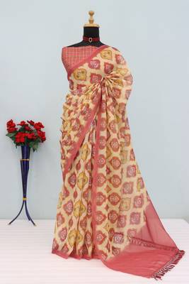 cream pink cotton blend zari weaving floral digital print festive saree with unstitched blouse piece 1