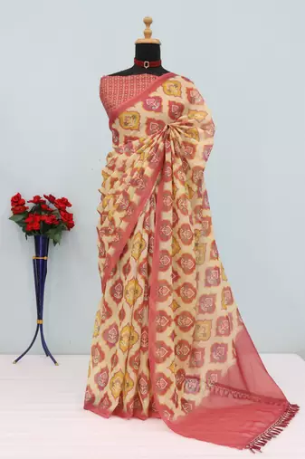 cream pink cotton blend zari weaving floral digital print festive saree with unstitched blouse piece