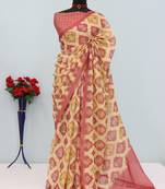 cream pink cotton blend zari weaving floral digital print festive saree with unstitched blouse piece