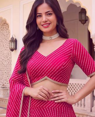 PINK SOFT GEORGETTE ZARI COARDING WORK LEHRIYA PRINT LEHENGA CHOLI - FREE SIZE 4