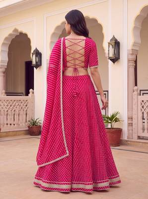 PINK SOFT GEORGETTE ZARI COARDING WORK LEHRIYA PRINT LEHENGA CHOLI - FREE SIZE 5