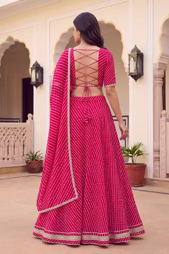 PINK SOFT GEORGETTE ZARI COARDING WORK LEHRIYA PRINT LEHENGA CHOLI - FREE SIZE