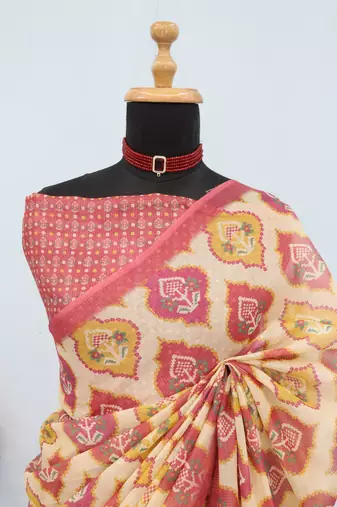 cream pink cotton blend zari weaving floral digital print festive saree with unstitched blouse piece