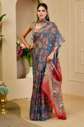 blue red cotton blend zari weaving floral digital print festive saree with unstitched blouse piece