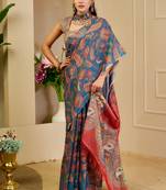 blue red cotton blend zari weaving floral digital print festive saree with unstitched blouse piece