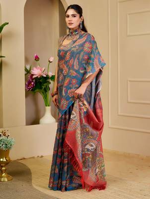 blue red cotton blend zari weaving floral digital print festive saree with unstitched blouse piece 2
