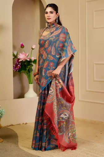 blue red cotton blend zari weaving floral digital print festive saree with unstitched blouse piece