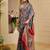 blue red cotton blend zari weaving floral digital print festive saree with unstitched blouse piece