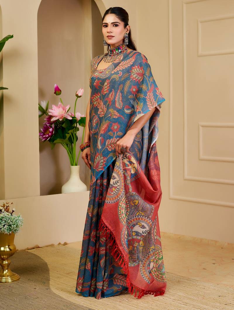 blue red cotton blend zari weaving floral digital print festive saree with unstitched blouse piece